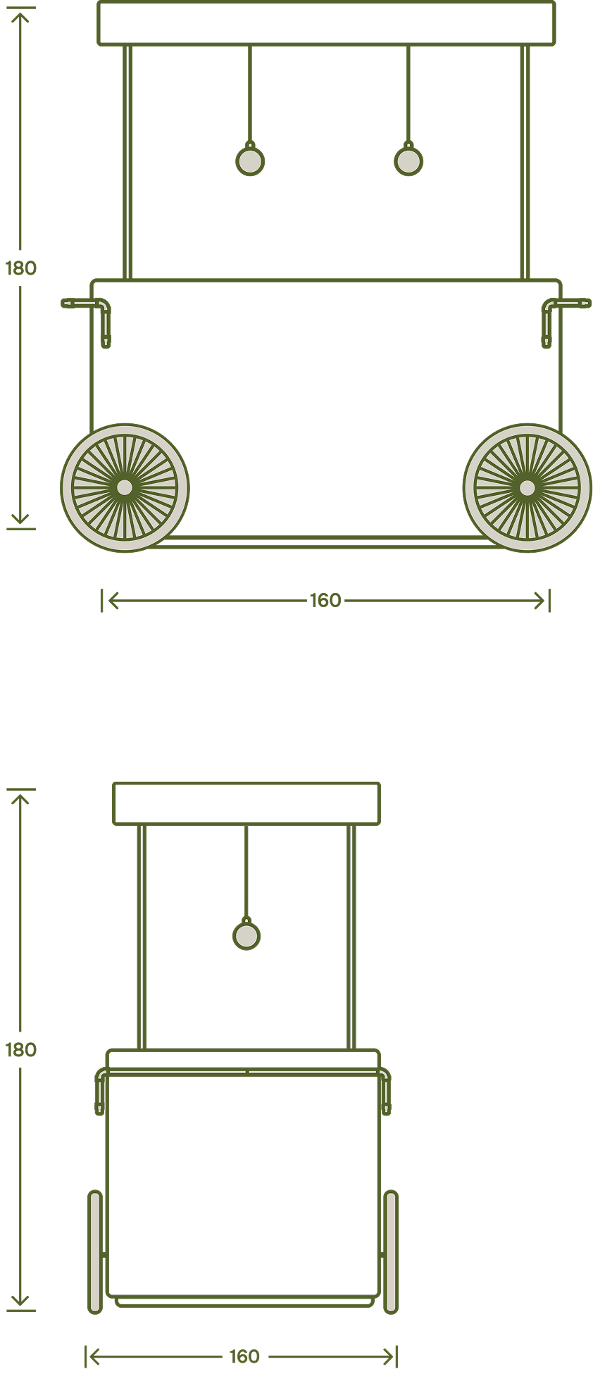cart technical drawing — front and side elevations with dimensions